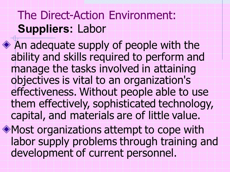 The Direct-Action Environment: Suppliers: Labor  An adequate supply of people with the ability